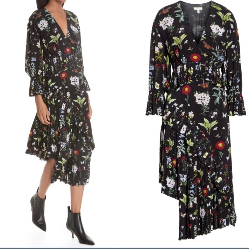 Joie Analena Floral 3/4 Sleeve Pleat Asymmetrical Dress Size Medium